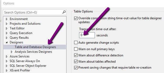 Table and Database Designers Time Out Setting